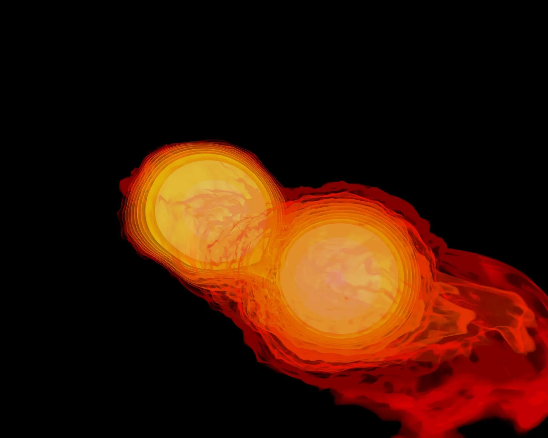 NASA Goddard'ın süperbilgisayar benzetiminden kareler: Biri 1,4, diğeri 1,7 Güneş kütlesindeki iki nötron yıldızı birbirine yaklaşıp çarpışıyor ve birleşerek bir kara delik oluşturuyor.
