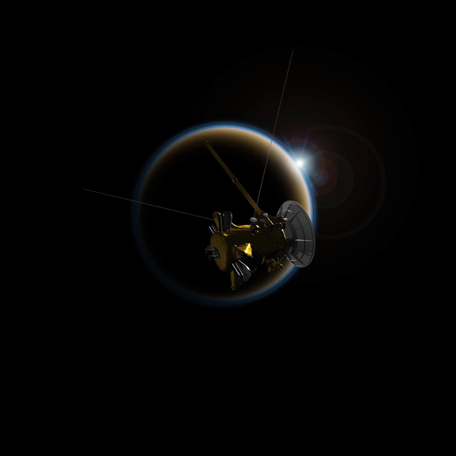 Sanatçı çizimi: Cassini, Titan'ın puslu atmosferinin ardından batan Güneş'i gözlüyor