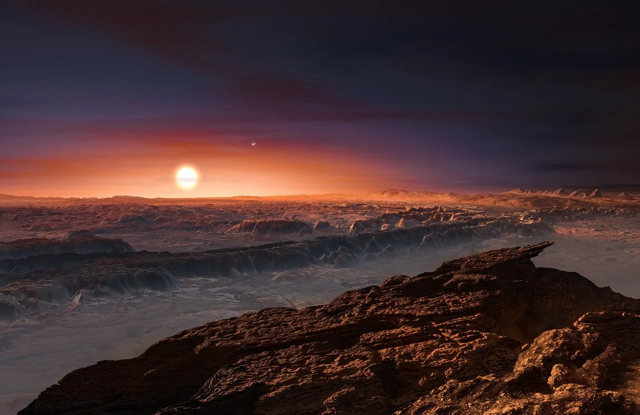 Bilinen en yakın ötegezegen Proxima b'nin yüzeyinden hayalî bir görünüm: gökyüzünde kırmızı cüce Proxima Centauri.