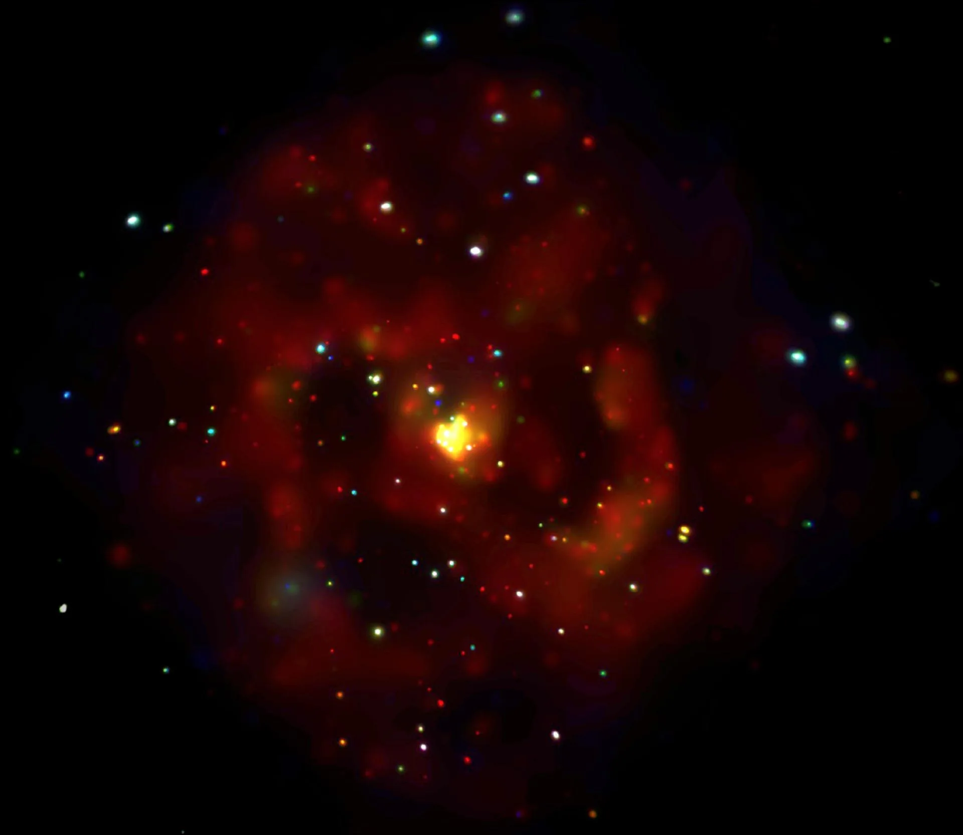 NASA'nın Chandra X-ışını Gözlemevi'nin M83 sarmal gökadası görüntüsü: Diske dağılmış noktasal kaynaklar, nötron yıldızları ve kara deliklerden gelen X-ışınları.