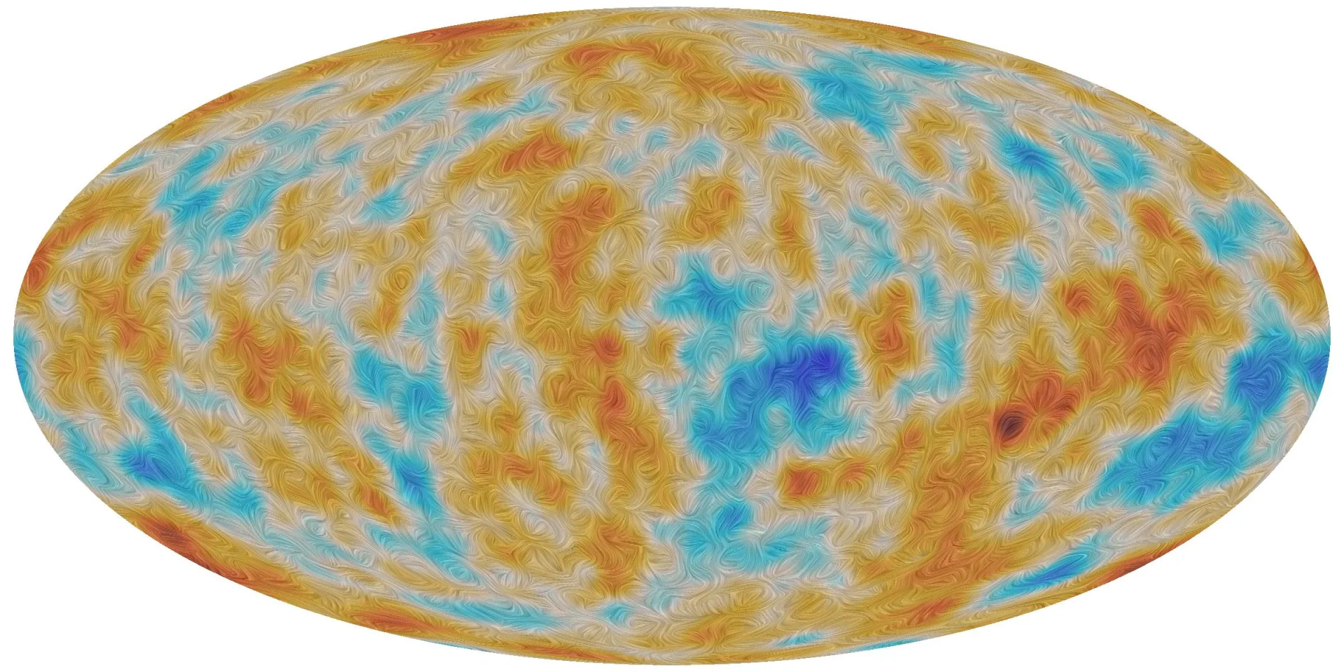 Planck'ın ölçtüğü KMA kutuplanmasının tüm gökyüzü görselleştirmesi.