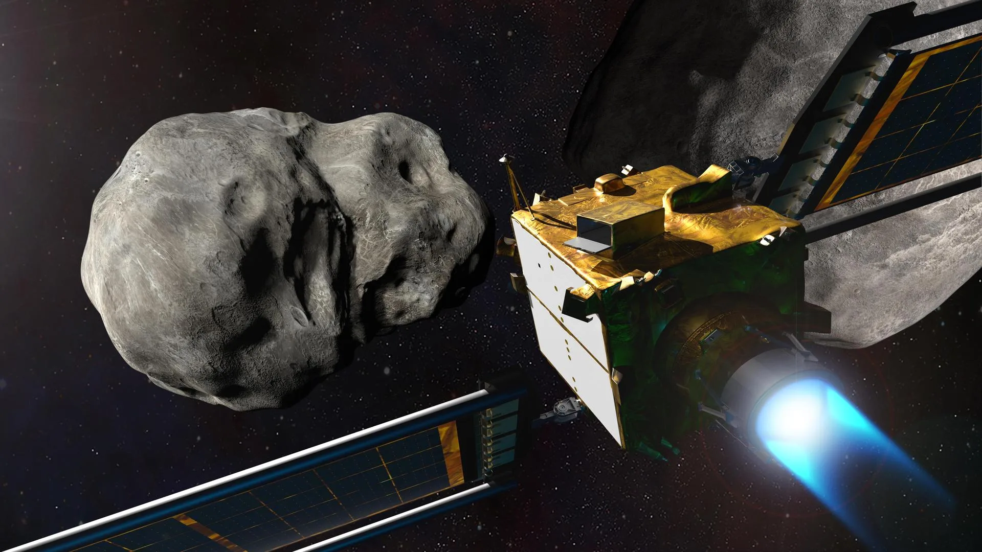 NASA'nın DART aracının Didymos-Dimorphos ikili asteroit sistemine yaklaşmasını gösteren illüstrasyon. Araç 26 Eylül 2022'de Dimorphos'a çarptı.