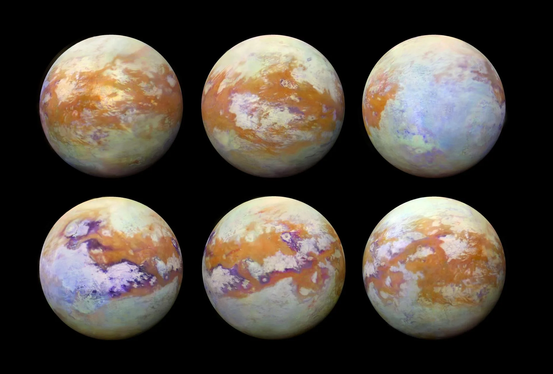 Cassini'nin 13 yıllık kızılötesi verilerinden üretilen altı Titan görünümü: pusun altındaki yüzey ayrıntıları