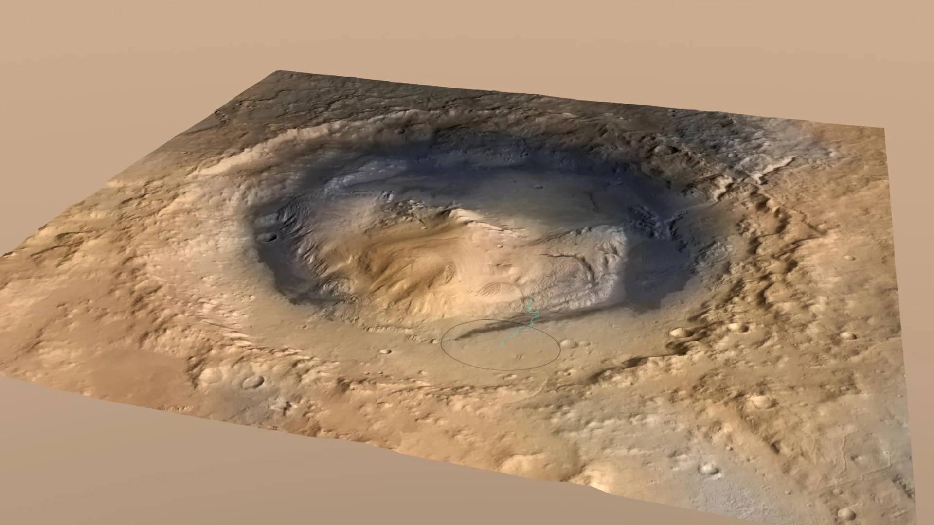 Gale kraterinin ortasında yükselen Mount Sharp (Aeolis Mons). Curiosity, 2012'den beri bu dağın katmanlarını tırmanarak Mars'ın iklim tarihini inceliyor.