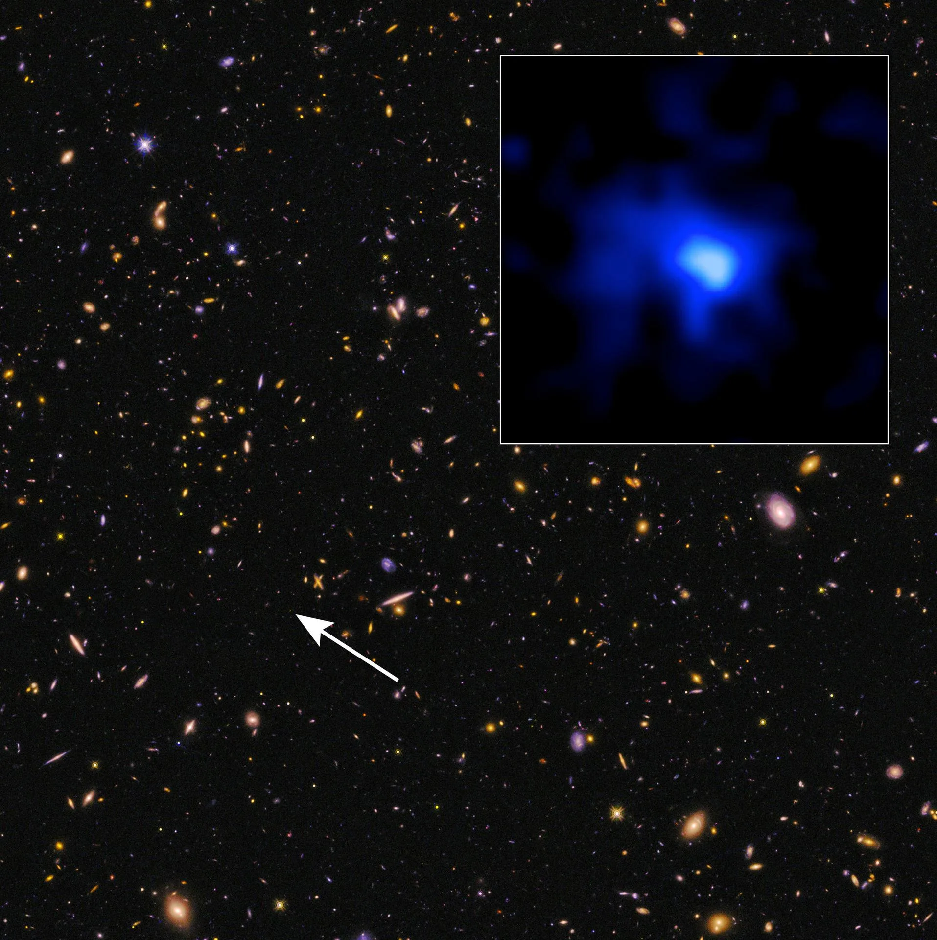 Hubble'ın CANDELS taramasında görüntülediği galaksi alanı; içteki kare, spektroskopiyle doğrulanmış en uzak galaksilerden birini gösteriyor