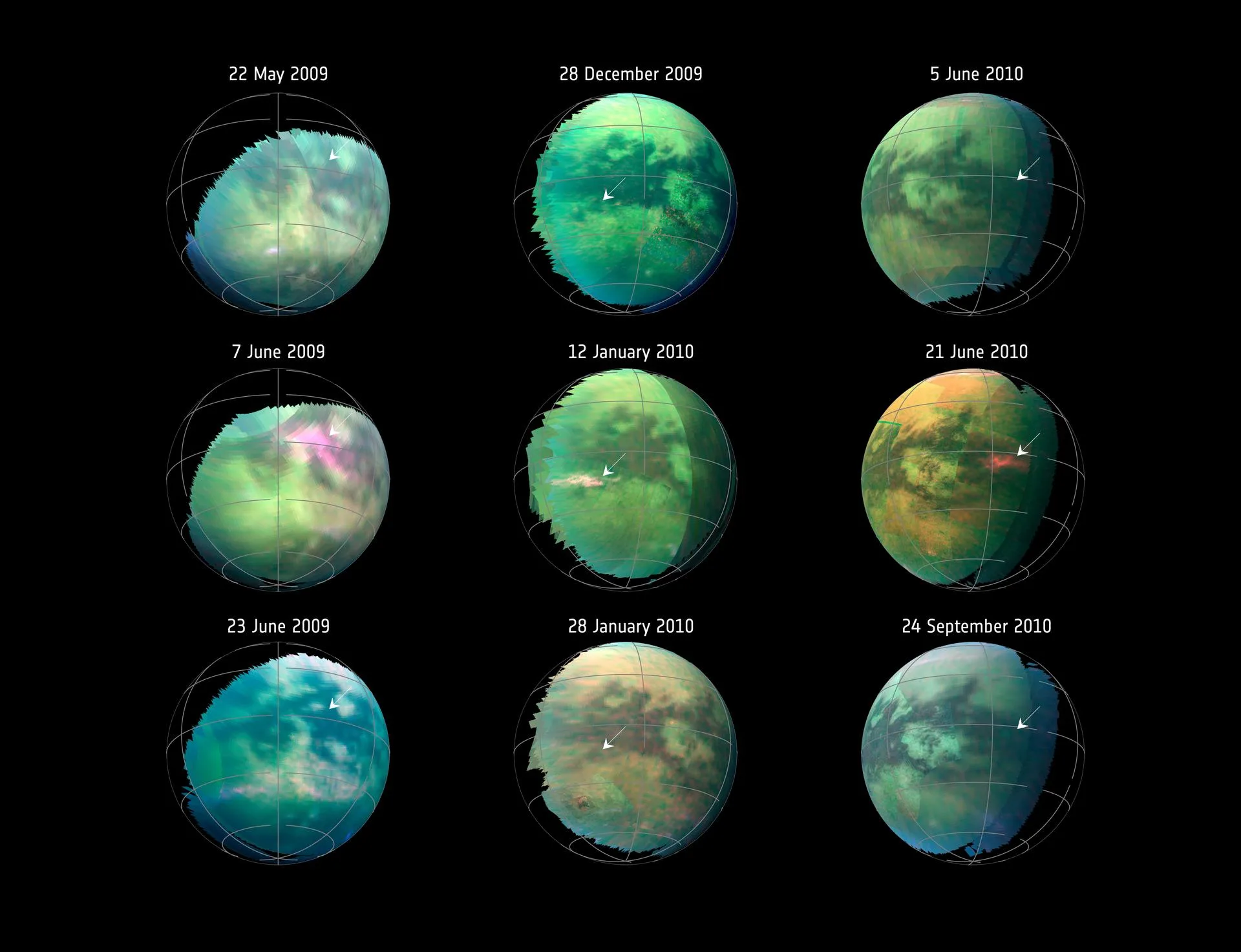 Cassini'nin 2009-2010'daki Titan geçişlerinde yakaladığı, uydunun yüzeyinde aniden beliren parlak toz fırtınası lekeleri