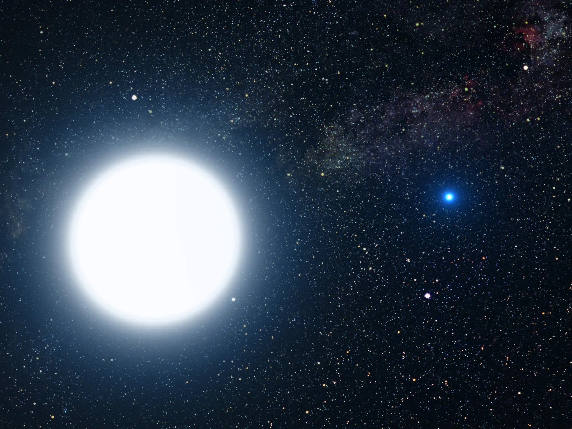 Sirius A ve küçük mavi yoldaşı Sirius B'nin bir ziyaretçiye nasıl görünebileceğini anlatan çizim. Sirius B, en iyi incelenen beyaz cücedir.