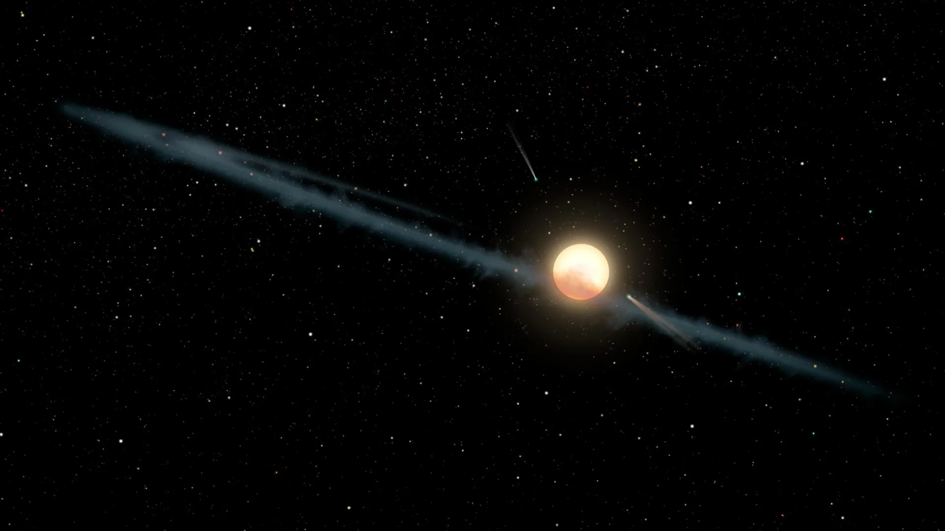 Boyajian Yıldızı'nın (KIC 8462852) çevresinde düzensiz bir toz halkasının sanatçı yorumu. Yıldızın tuhaf kararmaları, uzun süre tartışıldıktan sonra tozla açıklandı.