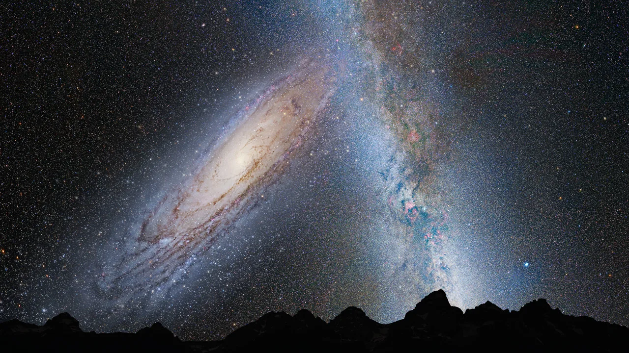 Samanyolu ile Andromeda'nın birleşmesinin bir aşaması: 3,75 milyar yıl sonra Dünya'nın gece göğünü gösteren çizim. Büzülen bir evrende galaksi birleşmeleri çöküşün ilk aşamasını oluşturur.