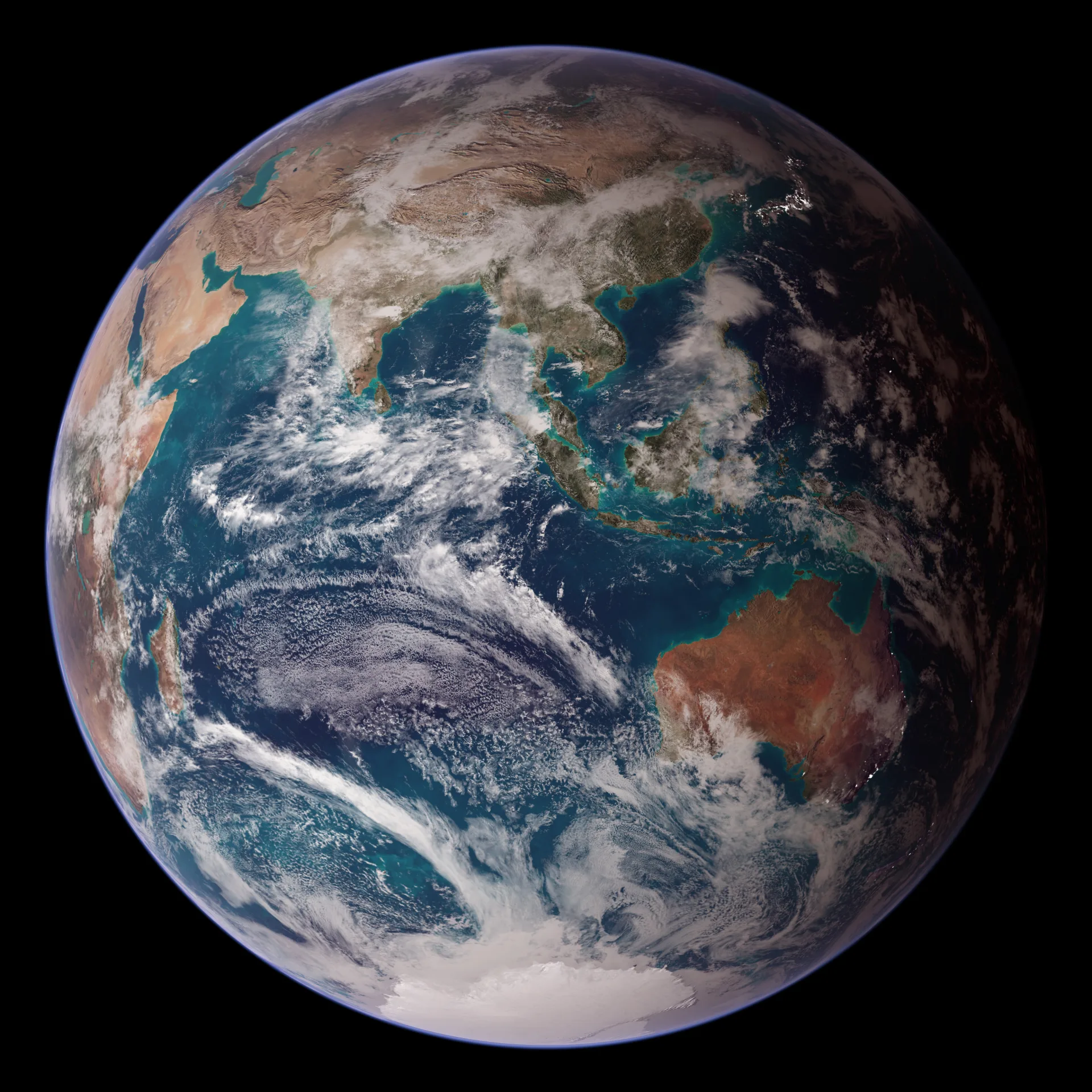 NASA'nın uydu verilerinden birleştirilerek hazırlanan "Blue Marble" Dünya görüntüsünün doğu yarıküre sürümü.