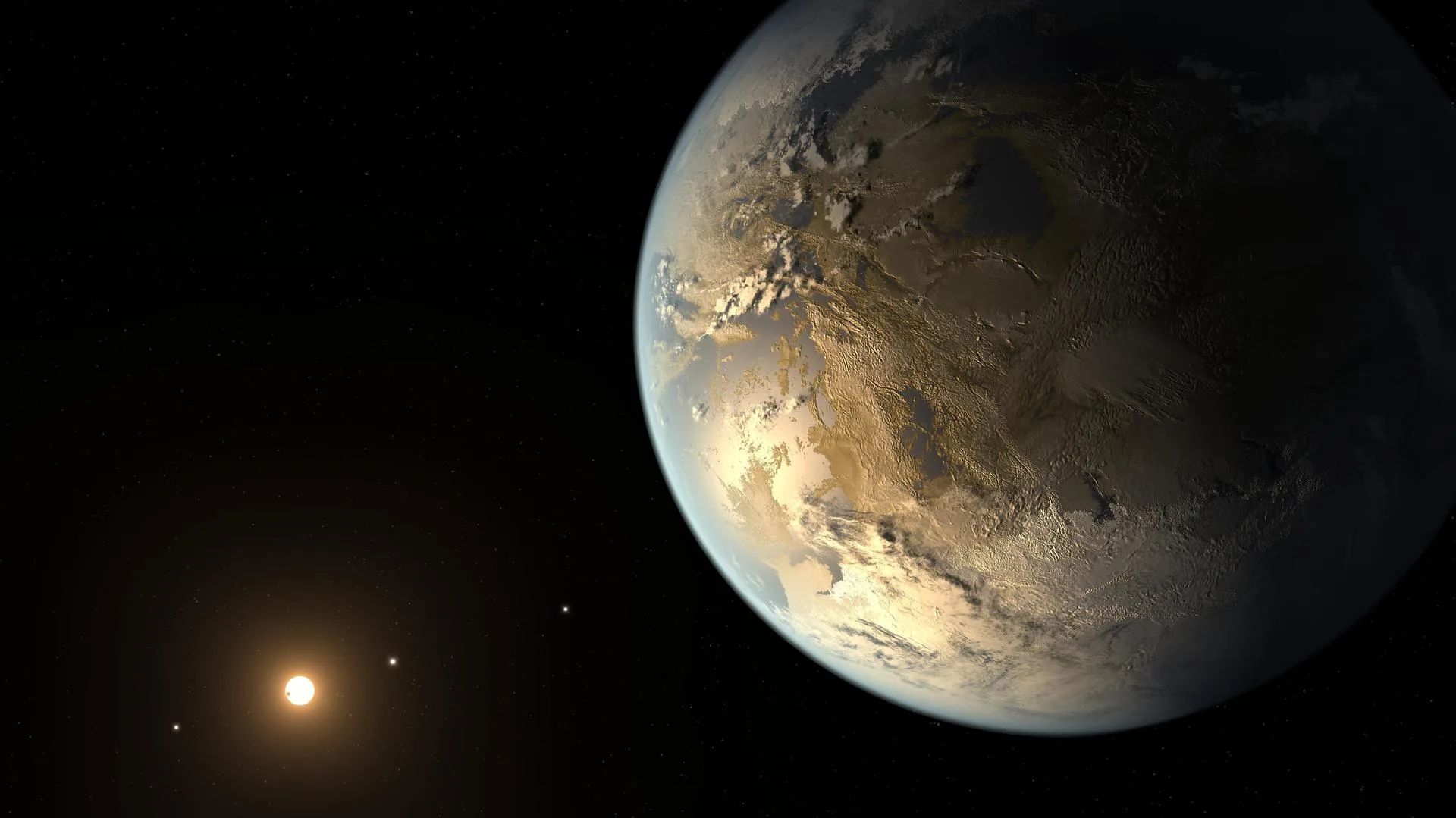 Yıldızının yaşanabilir bölgesinde bulunan ilk Dünya boyutlu gezegen Kepler-186f'nin temsilî çizimi.