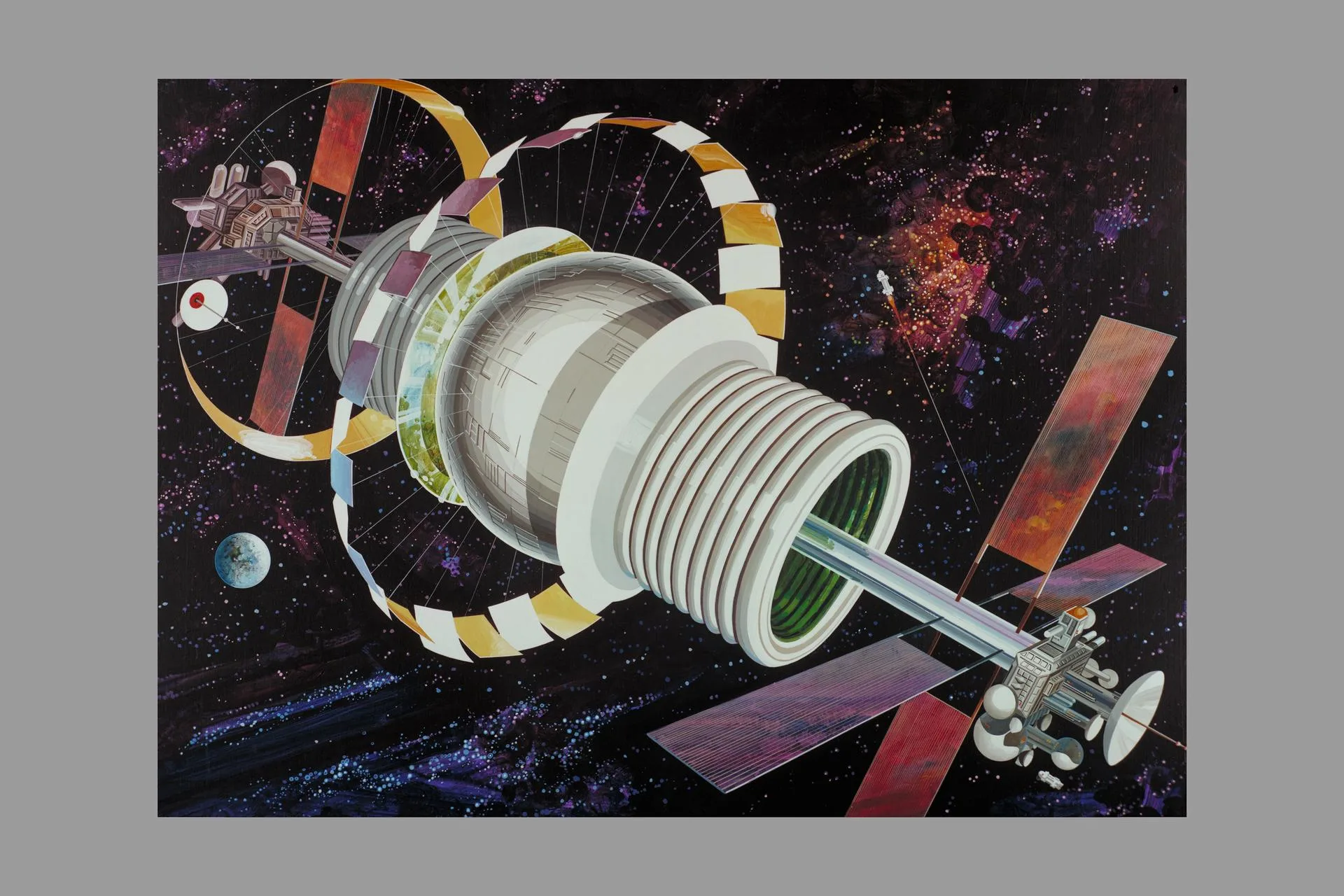 NASA Ames için 1970'lerde çizilen Bernal küresi tasarımı: yerleşim ortadaki kürede, tarım alanları yanlardaki halkalarda. Gundam'ın uzay kolonileri bu dönemin çalışmalarından besleniyor.