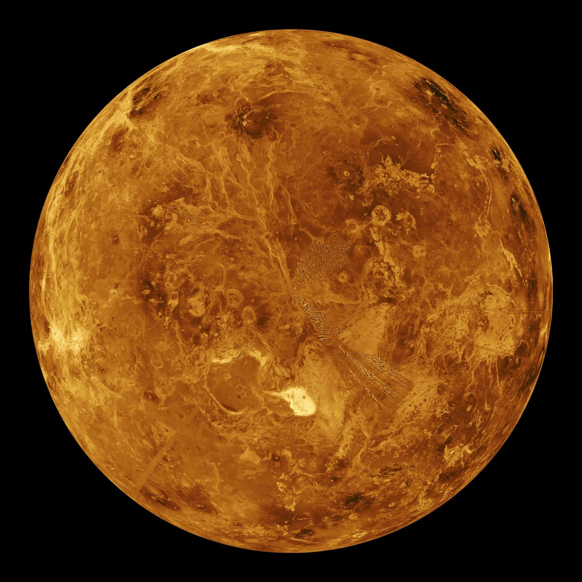 Magellan radar verilerinden oluşturulmuş Venüs'ün kuzey yarımküresi. 92 barlık karbondioksit atmosferi ve 464 °C yüzey sıcaklığı, Venüs'ü Mars'ın tam tersi bir sorun hâline getiriyor.