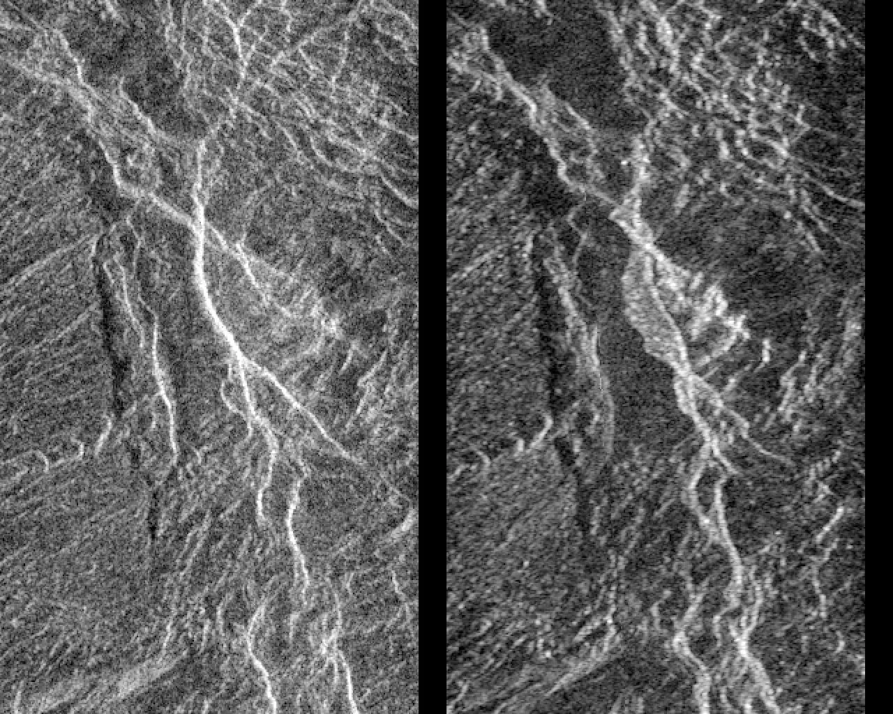 Magellan'ın Aphrodite Terra bölgesini farklı zamanlarda çektiği iki radar görüntüsü. Görüntüler arasında bir heyelan izi fark edildi.