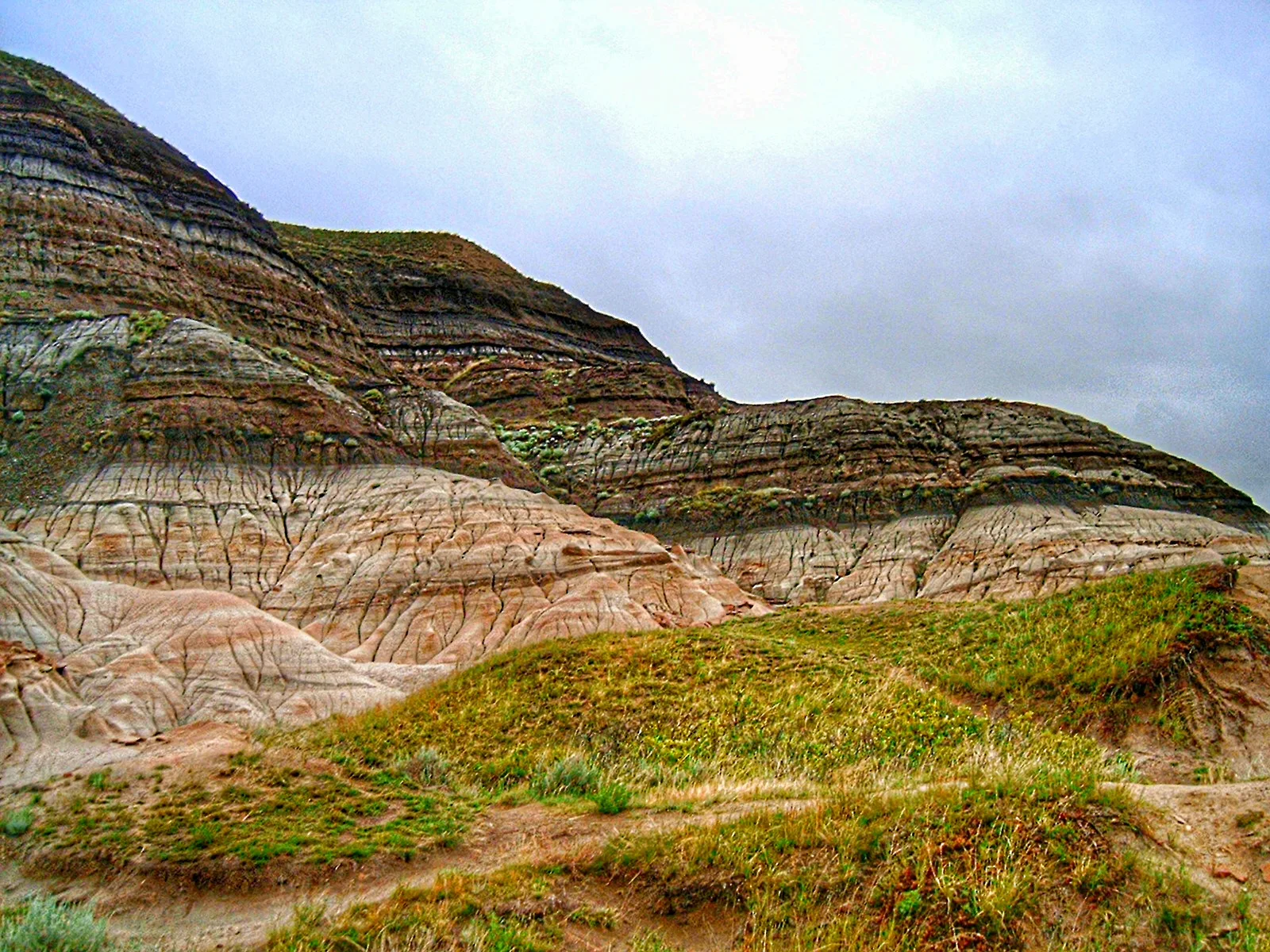 Kanada'nın Alberta eyaletinde Drumheller yakınındaki kayalıklarda aşınmayla açığa çıkmış Kretase-Paleojen sınırı. Dünyanın birçok yerinde bu sınırı ince bir kil katmanı işaretler.