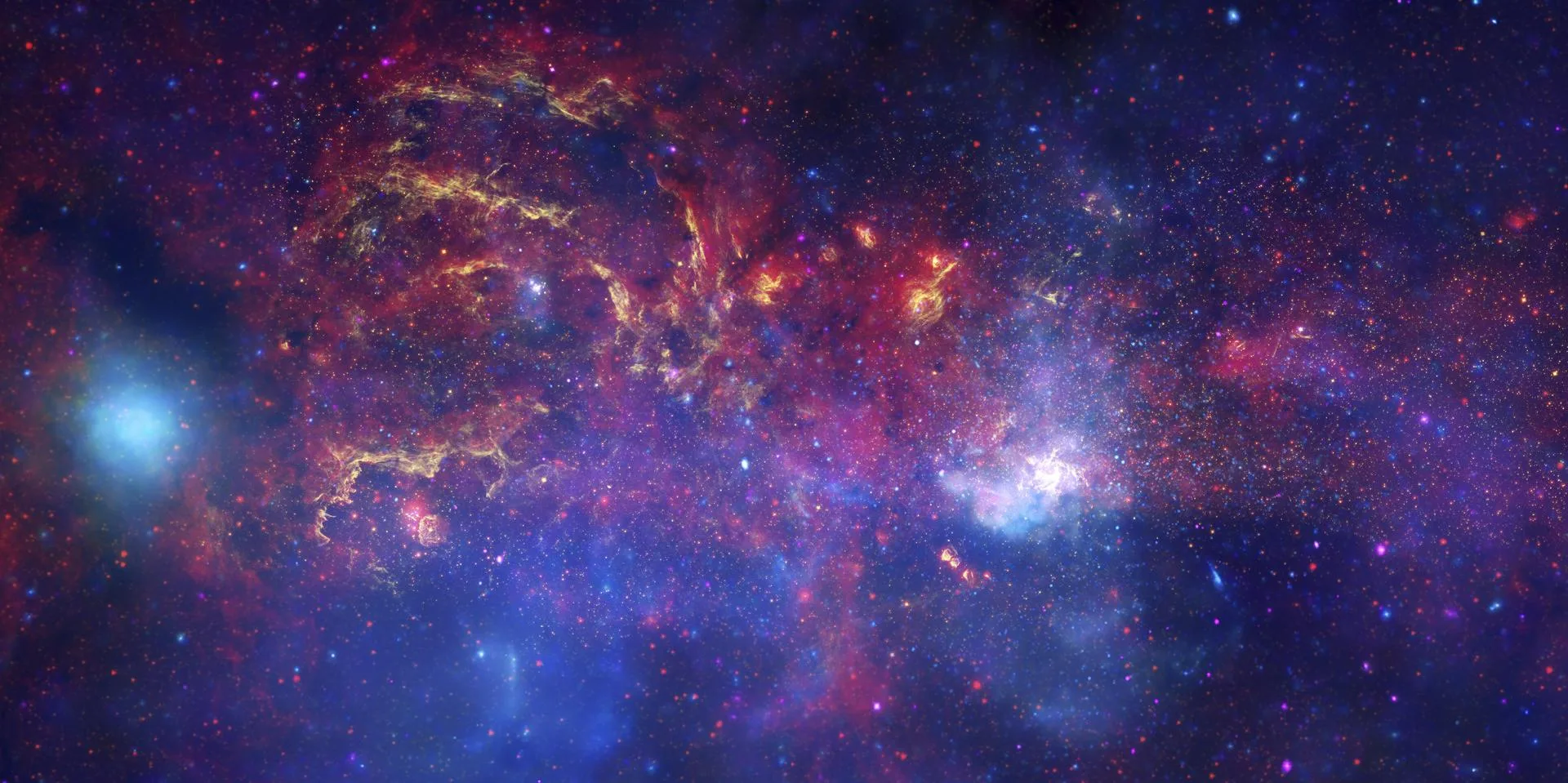Samanyolu'nun merkez bölgesi, NASA'nın büyük gözlemevlerinin farklı dalga boylarındaki görüntüleriyle. Görünür ışıkta merkez tozla gizlenir; kızılötesi ve X-ışınları perdeyi aralar.
