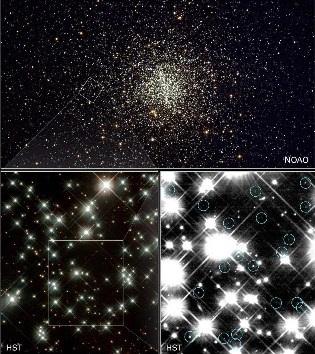 Hubble'ın bir küresel kümenin derinliklerinde bulduğu, Samanyolu'nun en yaşlı sönmüş yıldızları arasındaki beyaz cüceler.