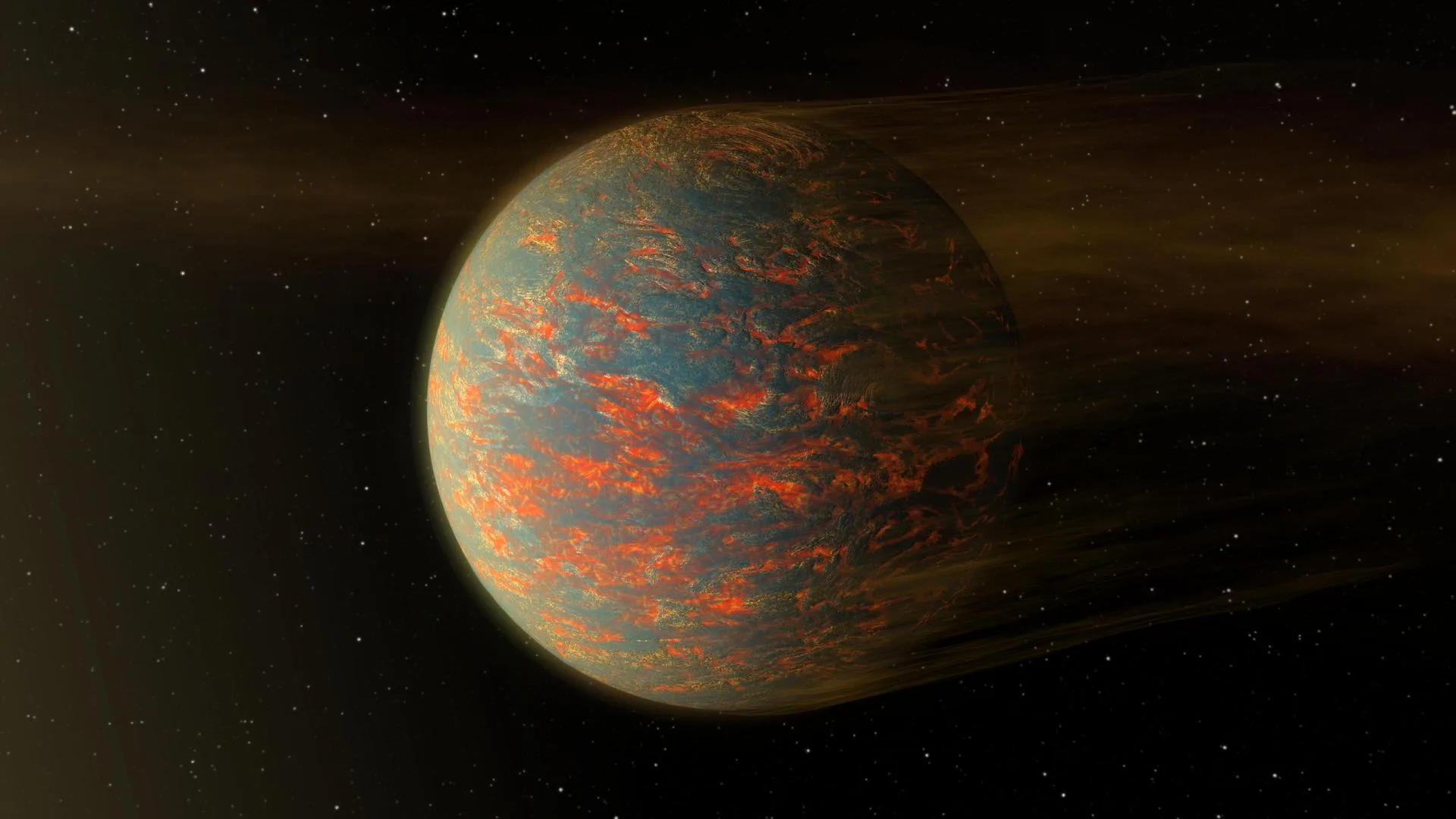 NASA'nın 55 Cancri e için hazırladığı çizim: yüzeyinin büyük bölümü erimiş kaya olabilecek, yıldızına çok yakın bir süper Dünya.