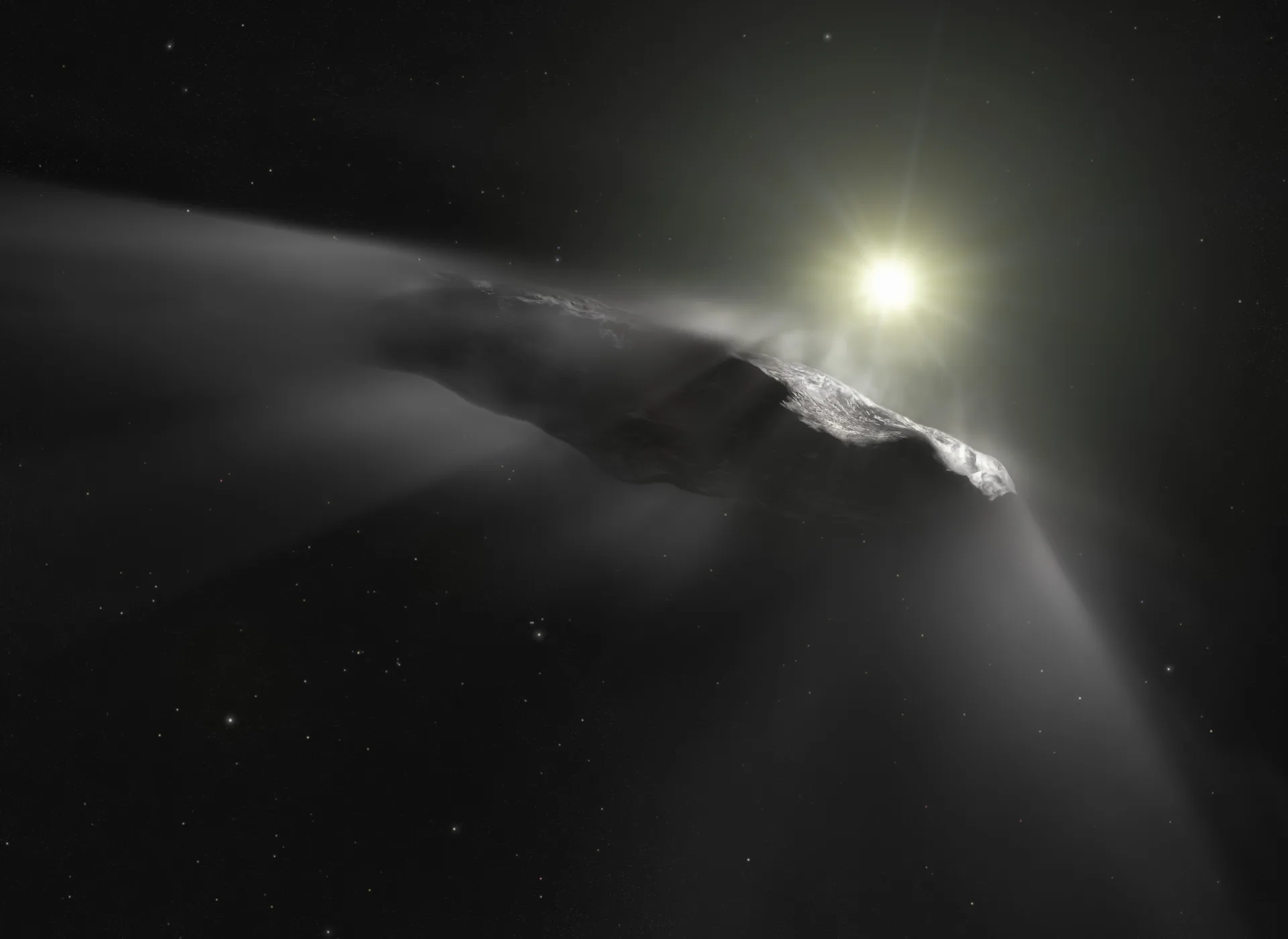 ʻOumuamua'nın sanatçı çizimi: Güneş'e dönük yüzünden gaz salıyor olabileceği varsayımı