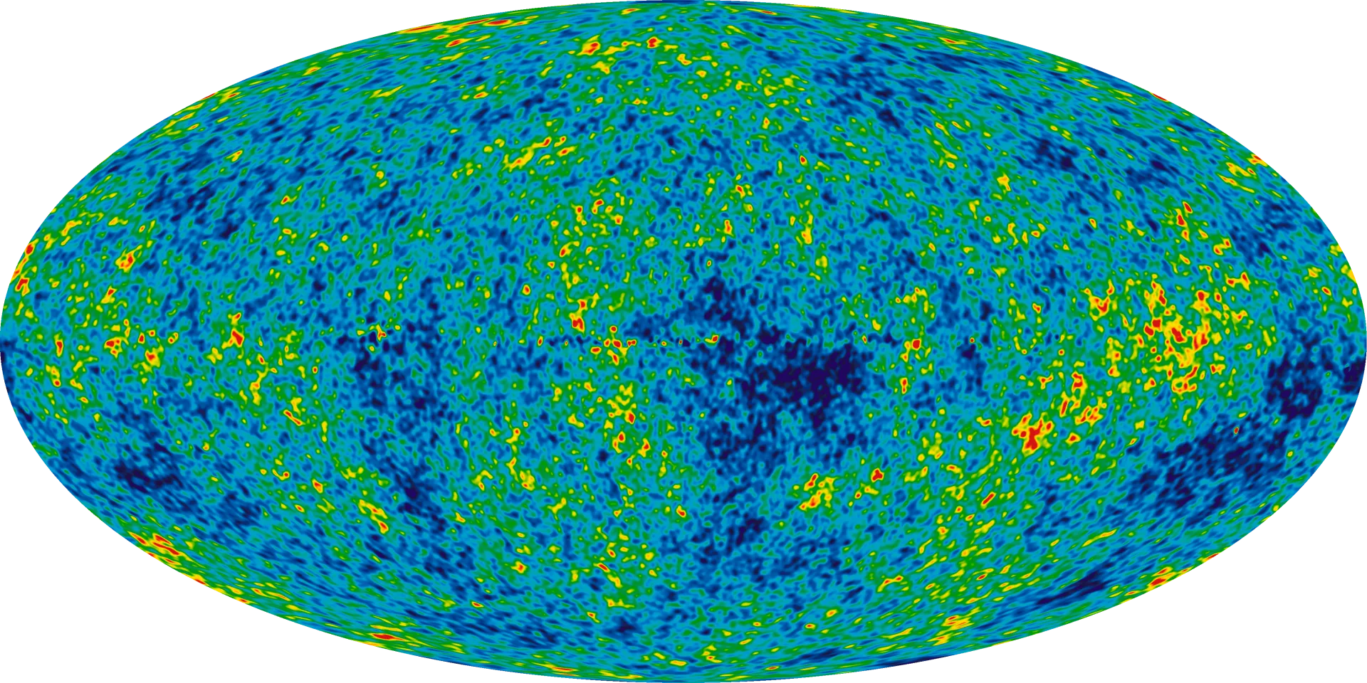 NASA'nın WMAP uydusunun dokuz yıllık verisiyle hazırlanan kozmik mikrodalga arka plan haritası. Renkler, ortalamadan yüz binde bir düzeyindeki sıcaklık farklarını gösteriyor.