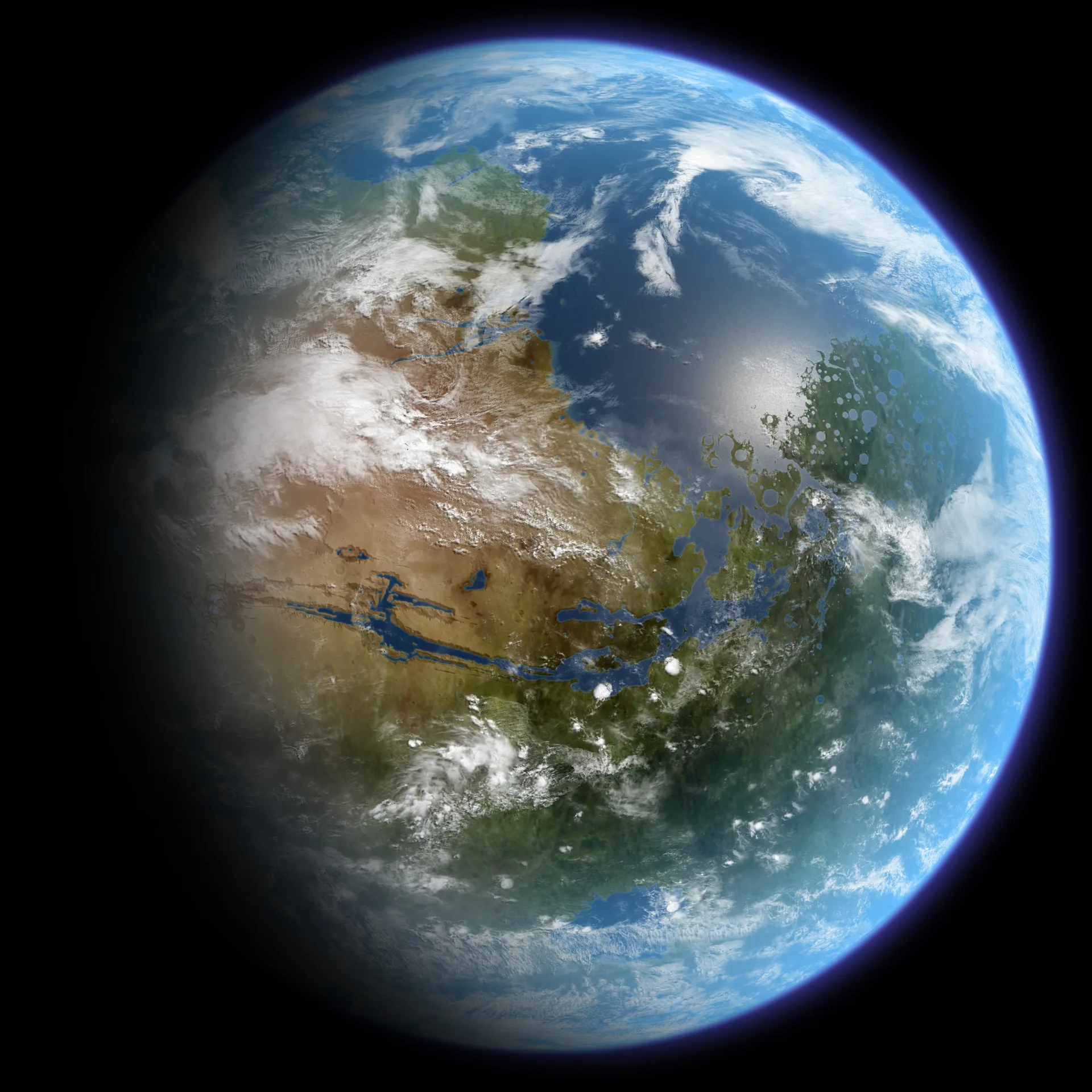 Terraforming edilmiş bir Mars'ın sanatçı yorumu; görüntünün merkezinde Valles Marineris, solda Tharsis bölgesi.