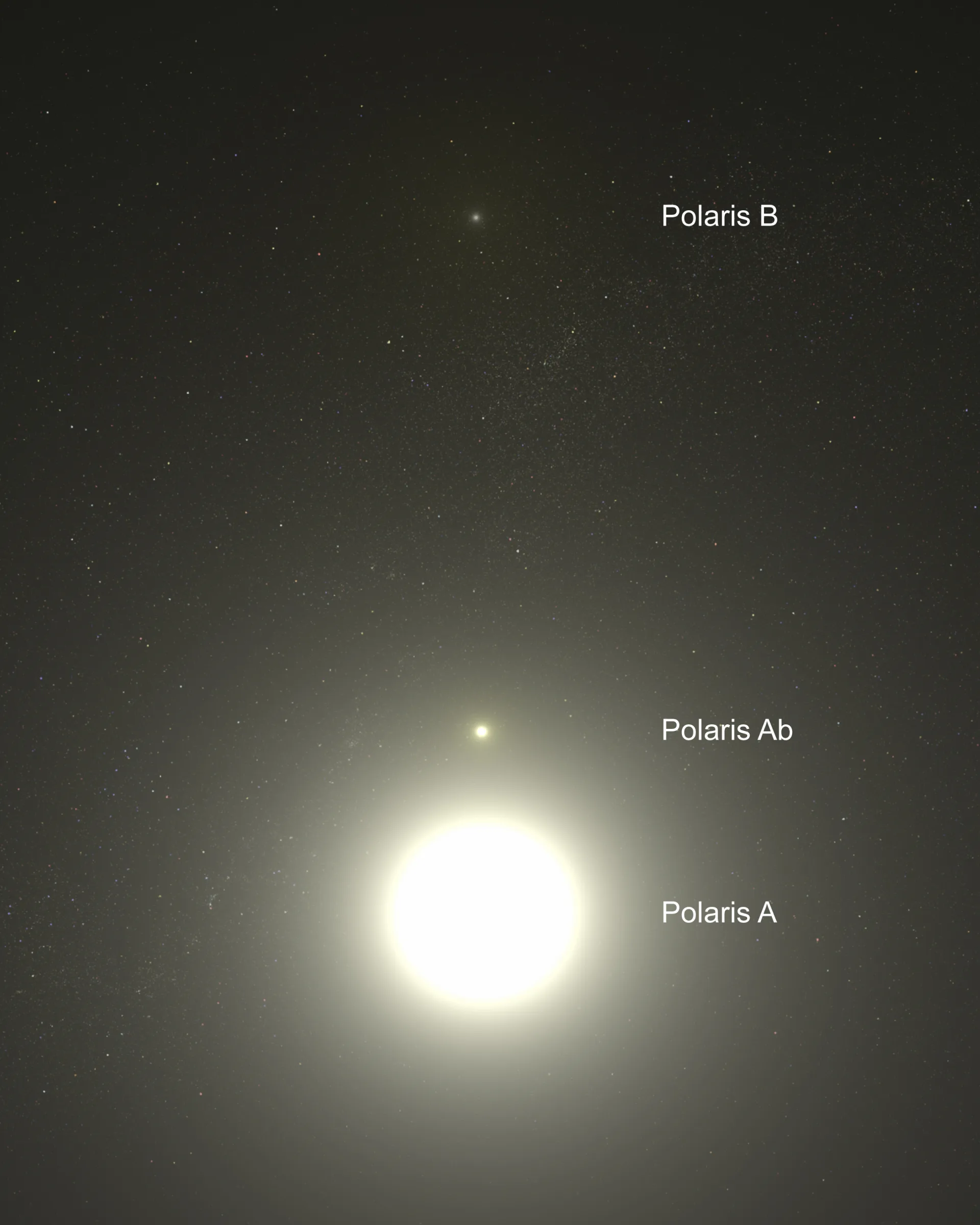 Polaris sistemi, Hubble Uzay Teleskobu'nun gözüyle: ana yıldız ve yoldaşları. Çıplak gözle tek yıldız gibi görünen Polaris aslında çok bileşenli bir sistemdir.
