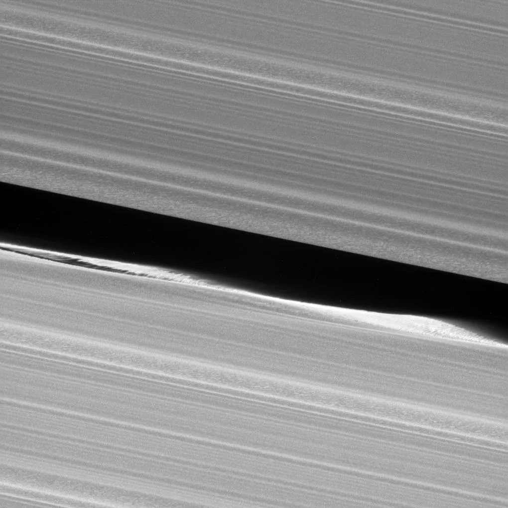 Cassini'nin 16 Ocak 2017'de çektiği, Keeler Boşluğu'ndaki küçük uydu Daphnis ve halka kenarında oluşturduğu dalgalar