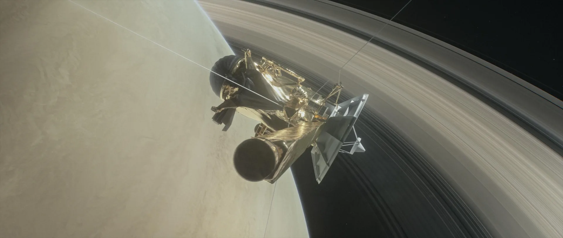 Cassini'nin Büyük Final sırasında Satürn ile halkaları arasındaki boşluktan geçişini gösteren çizim