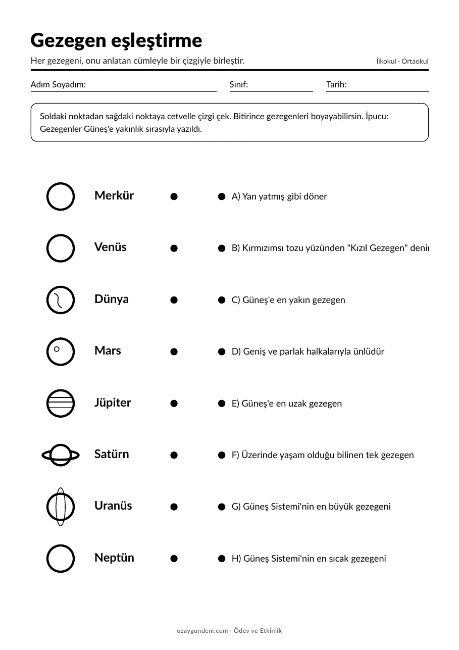 Gezegen eşleştirme çalışma kâğıdı (PDF ilk sayfa önizlemesi)
