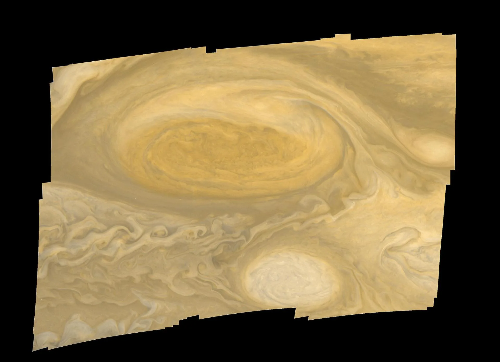 Voyager 1'in Mart 1979'da çektiği fotoğraflardan oluşan Jüpiter'in Büyük Kırmızı Leke mozaiği