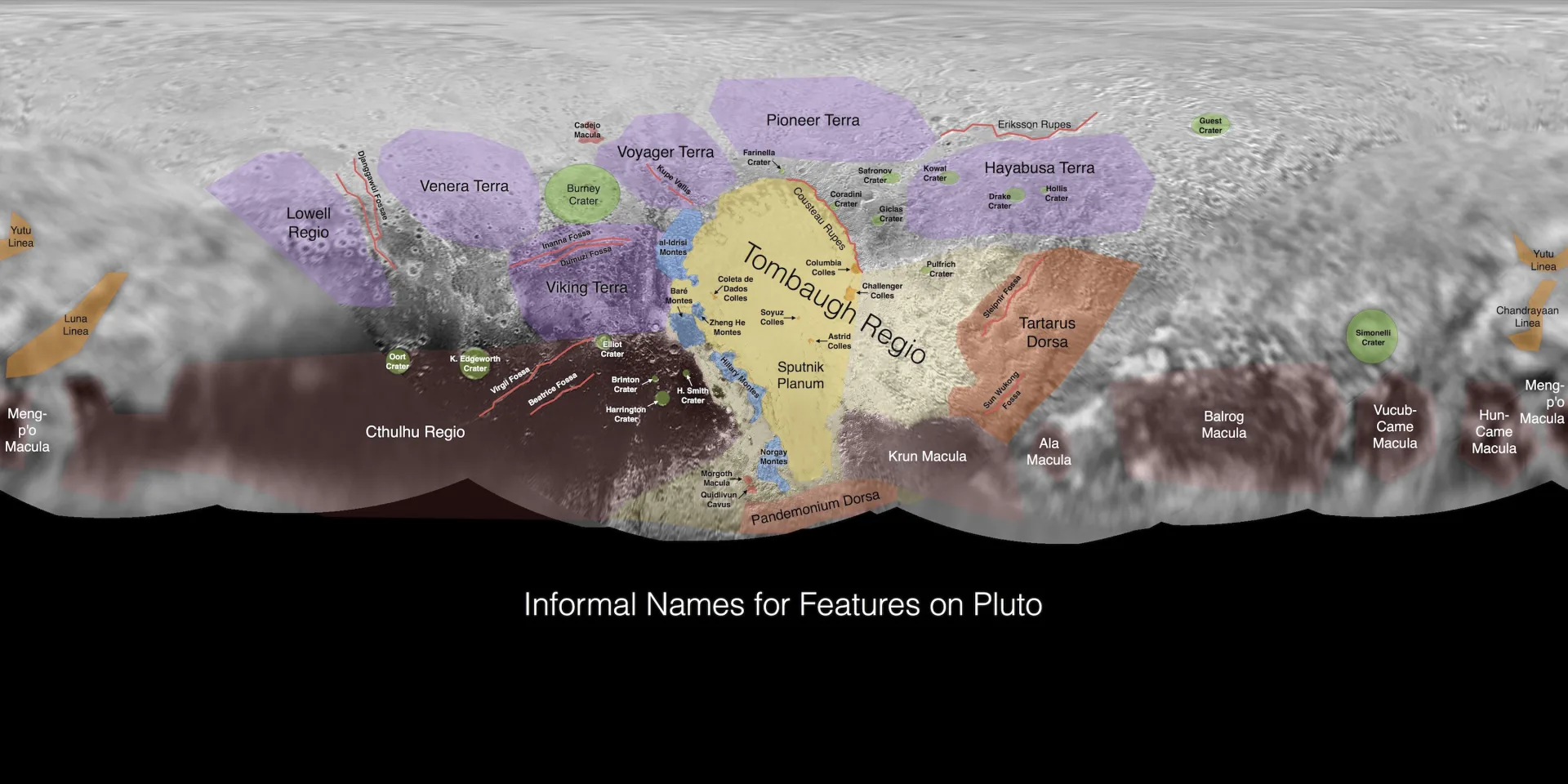 New Horizons ekibinin 2015'te Plüton yüzeyindeki yapılar için kullandığı ilk gayriresmî adlar; bu adlar o sırada henüz IAU tarafından onaylanmamıştı.