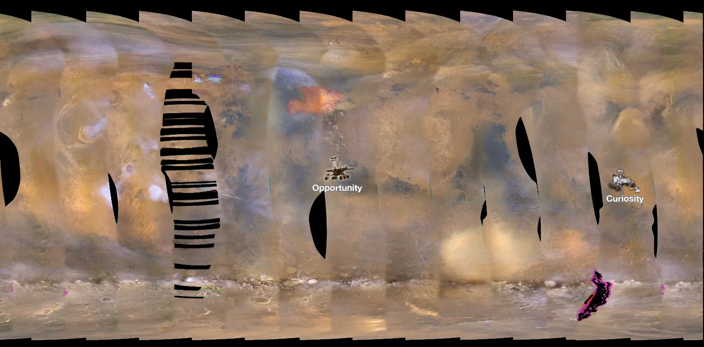 Mars Reconnaissance Orbiter'ın 31 Mayıs-11 Haziran 2018 arasında izlediği dev toz fırtınasının yayılışı. Somon rengi alan fırtınayı, simgeler ise yüzeydeki gezginlerin konumunu gösteriyor.