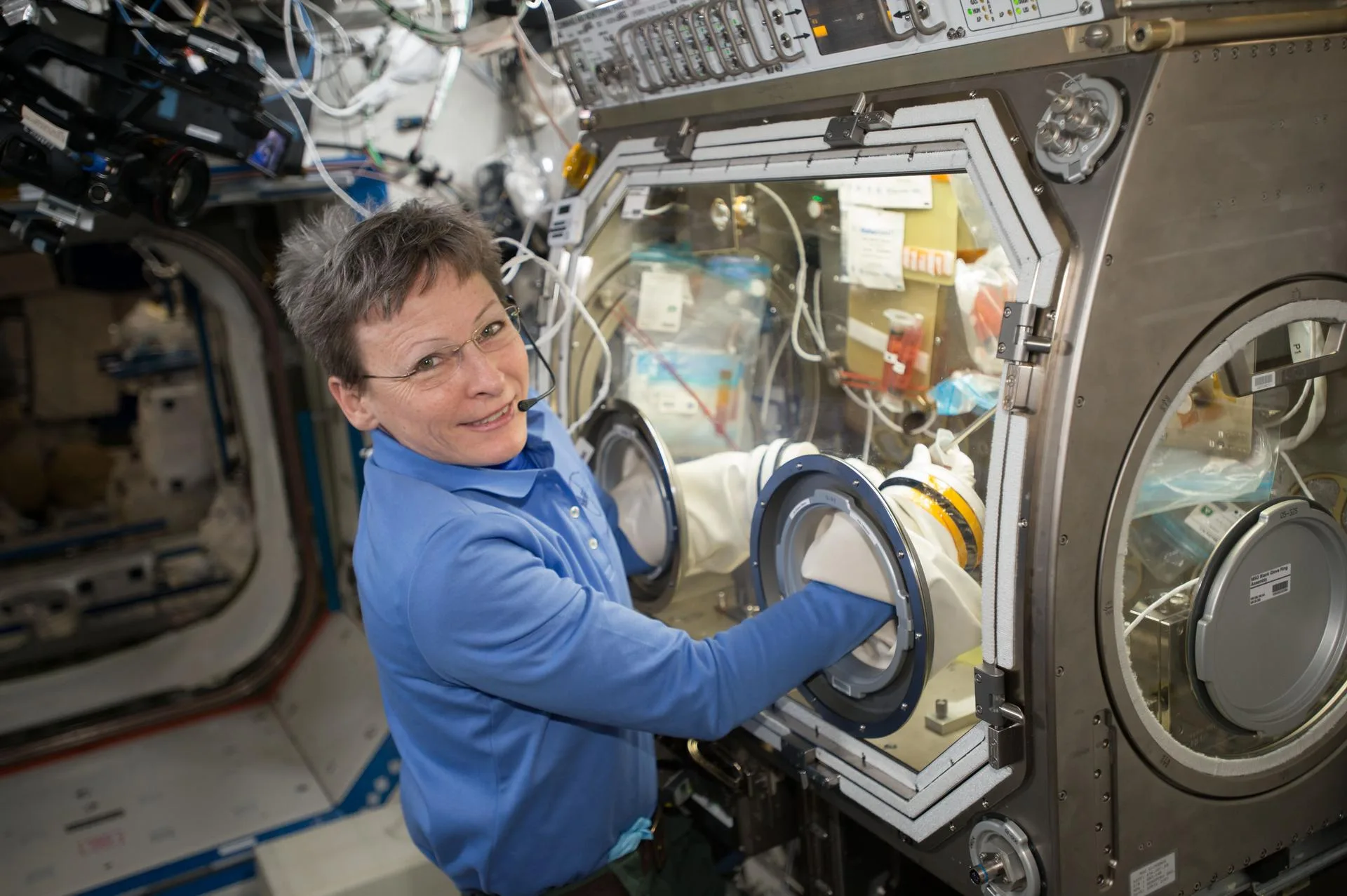 NASA astronotu Peggy Whitson, 2 Mayıs 2017'de kemikle ilgili bir biyoloji araştırması olan OsteoOmics deneyinin hücre besiyeri bakımını yapıyor. Kemik kaybının mekanizması istasyonun en çok çalışılan tıbbi konularından biri.