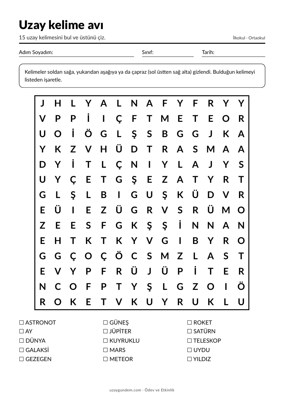 Uzay kelime avı çalışma kâğıdı (PDF ilk sayfa önizlemesi)