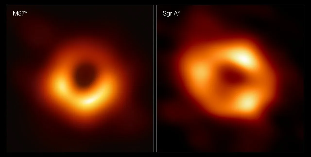 Event Horizon Telescope'un çektiği ilk iki kara delik görüntüsü: solda M87, sağda Samanyolu'nun merkezindeki Sagittarius A. M87'ün halkasının alt kısmının daha parlak olması, Yıldızlararası'nın bilerek kaldırdığı Doppler parlamasının gerçek dünyadaki karşılığı.