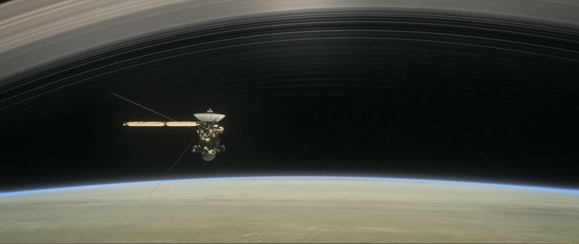 Büyük Final sırasında Cassini'nin Satürn ile en iç halkası arasındaki boşlukta olduğunu gösteren çizim