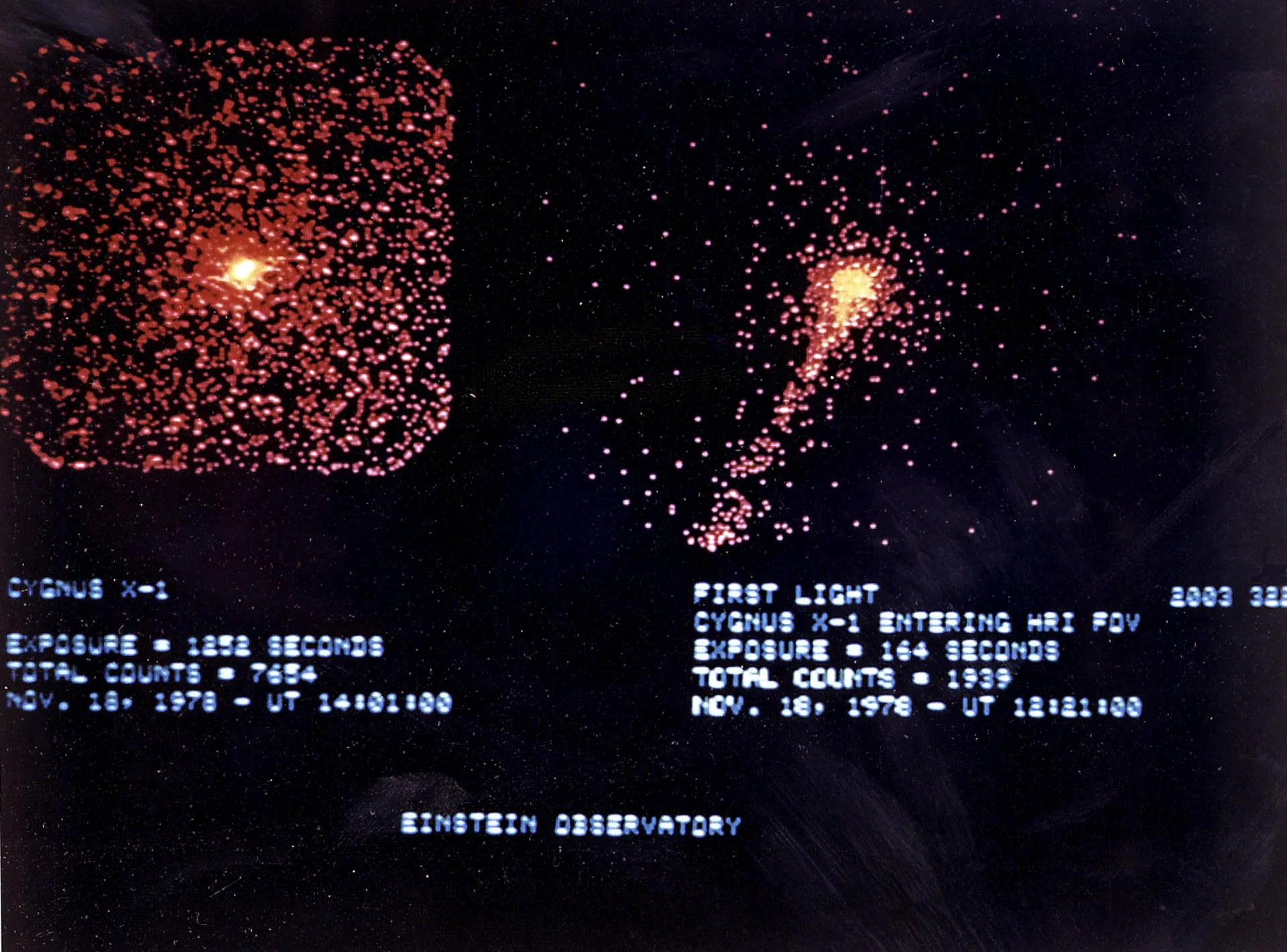 Cygnus X-1'in X-ışınlarındaki görüntüsü. Bu kara delik adayı, HEAO-2 (Einstein Gözlemevi) uydusunun gözlediği ilk cisimdi.