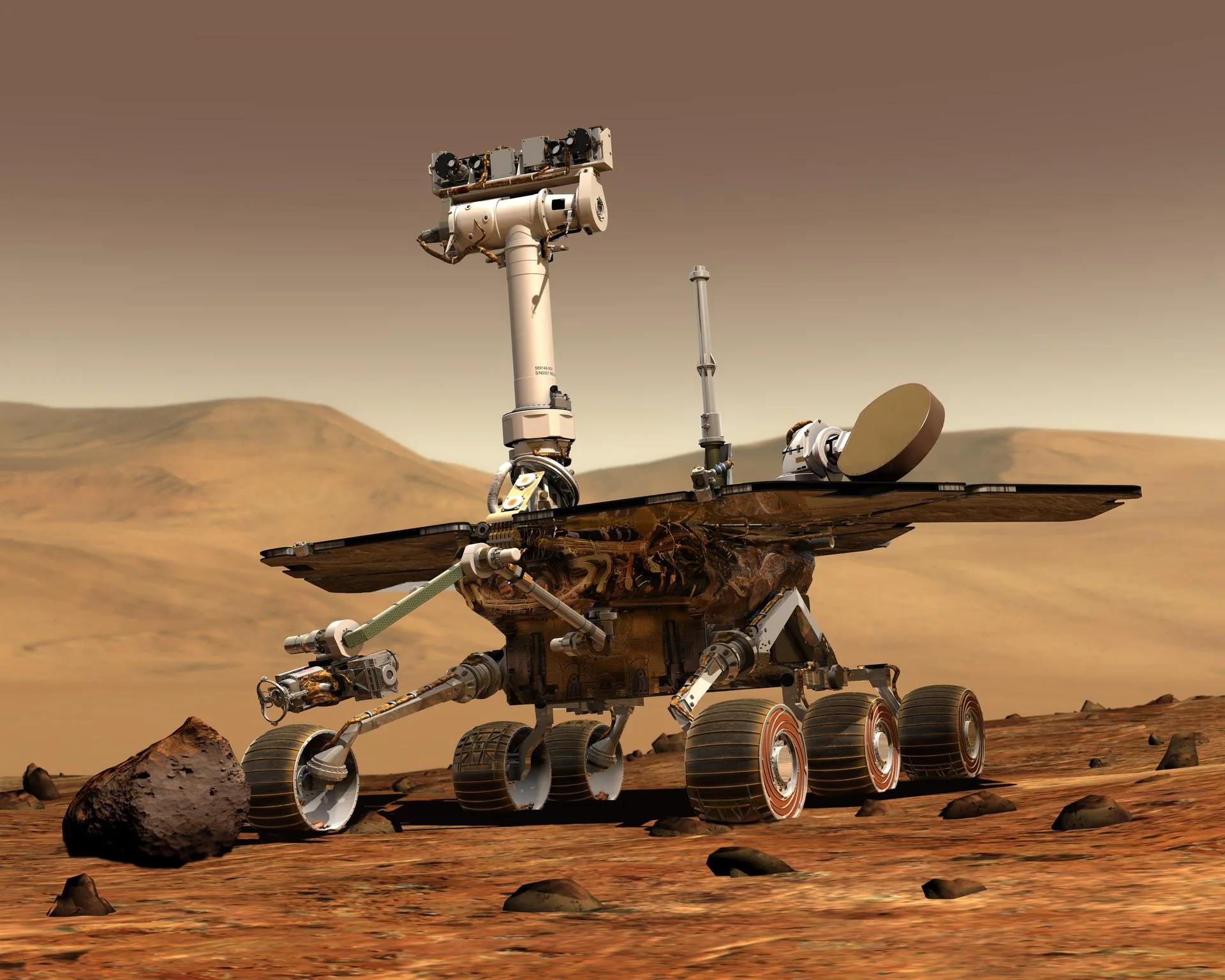 NASA'nın Mars Keşif Gezgini'ni Kızıl Gezegen'in yüzeyinde gösteren sanatçı çizimi. İkiz gezginler Spirit ve Opportunity 2003'te fırlatıldı, Ocak 2004'te Mars'a ulaştı