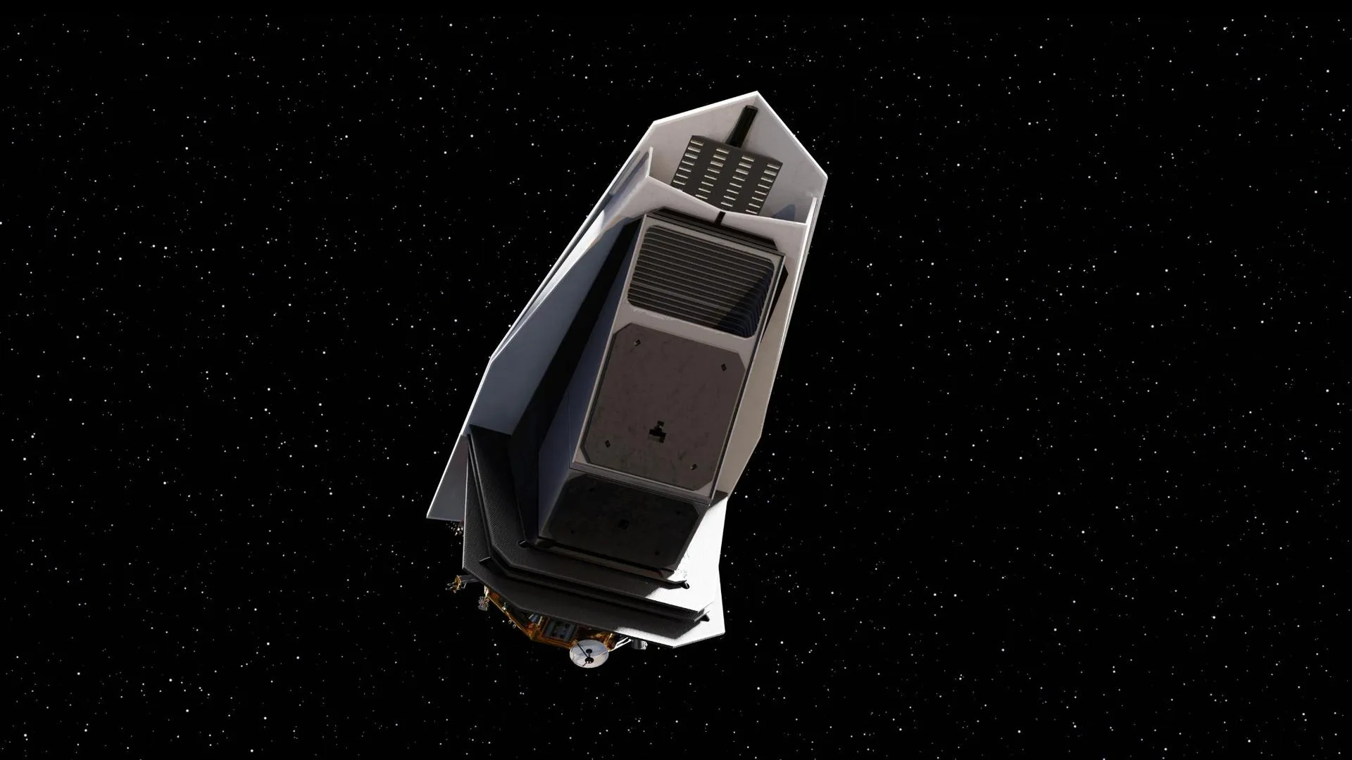 NASA'nın NEO Surveyor kızılötesi uzay teleskobunun derin uzaydaki temsilî çizimi. Araç, Güneş yönünden yaklaşan ve yer teleskoplarının göremediği asteroitleri arayacak.