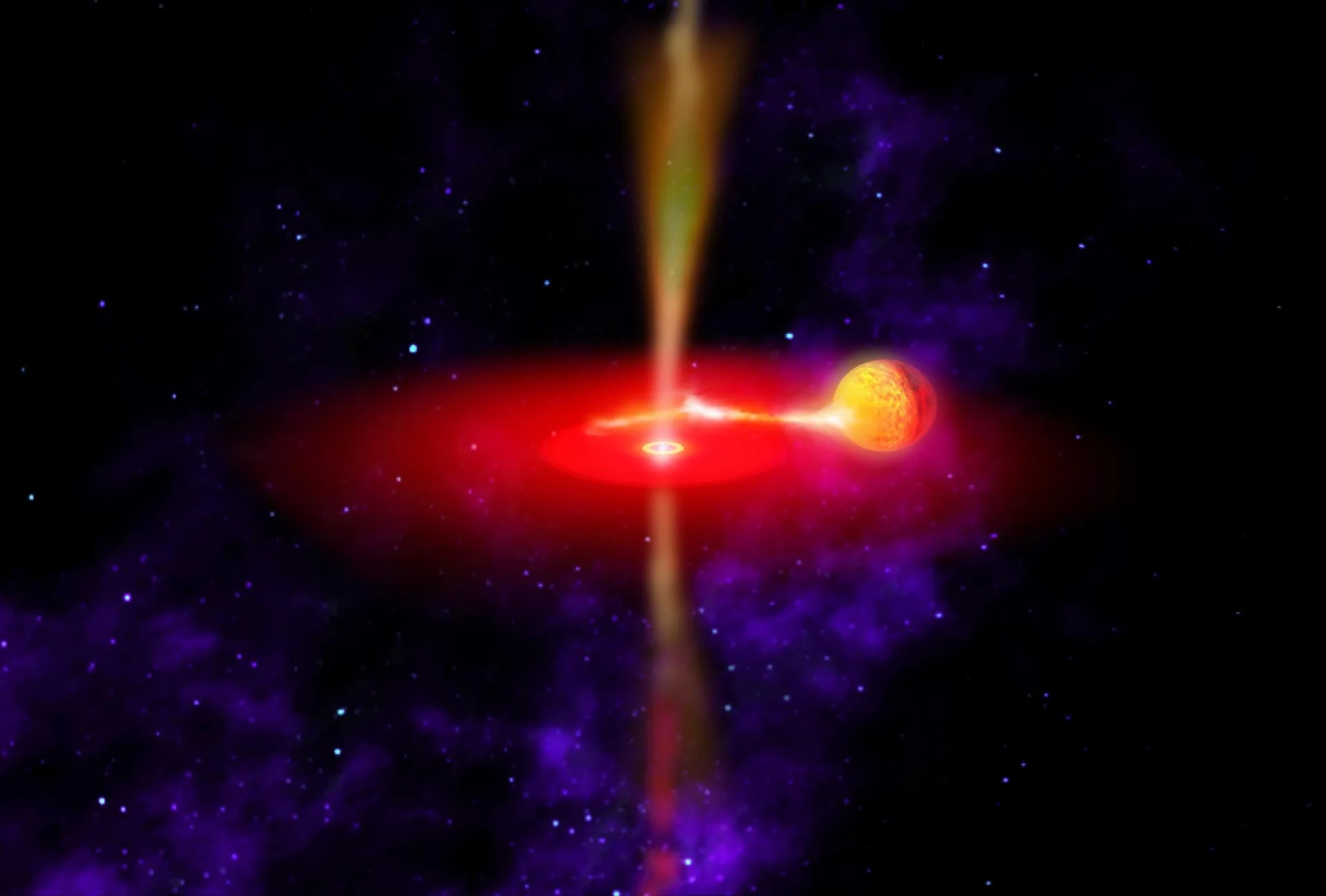 GX 339-4 adlı, parlamalar yapan kara deliğin sanatçı çizimi. NASA'nın WISE teleskobunun kızılötesi gözlemleri, bu kara deliğin jetlerindeki kaotik ortam hakkında önemli bilgiler sağladı