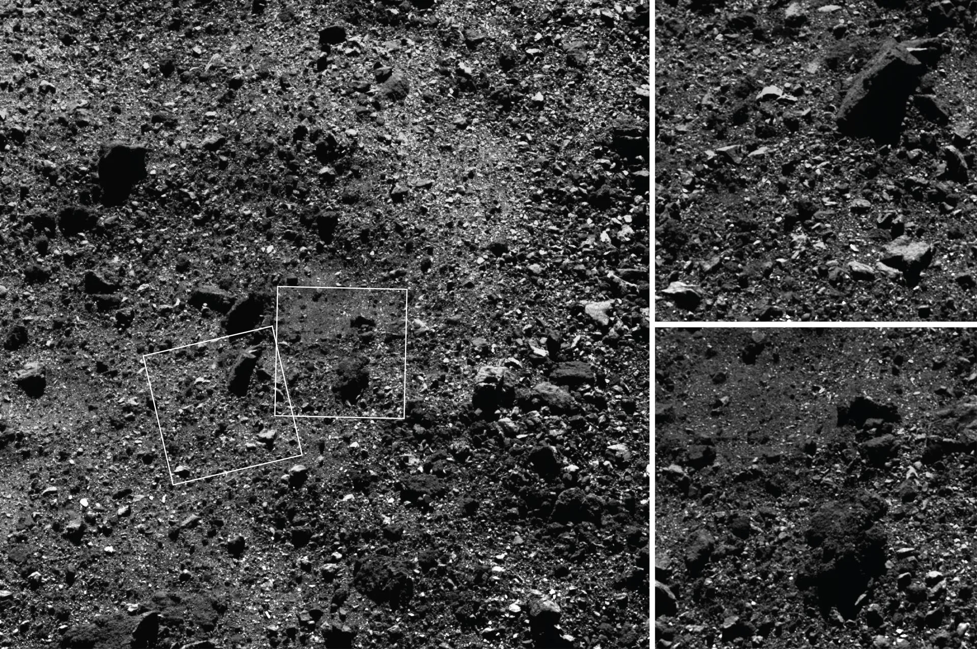 NASA'nın OSIRIS-REx aracının Bennu asteroidinin kuzey yarımküresinde çektiği kayalık bölge ve yakın planlar