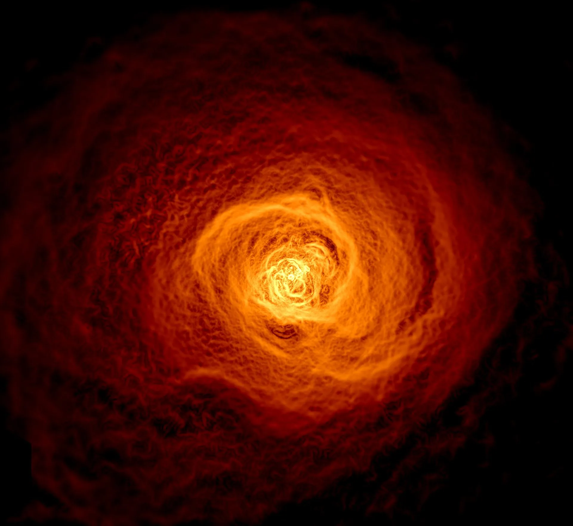 Perseus Galaksi Kümesi'nin sıcak gazı, Chandra X-ışını verisi ile radyo gözlemlerinin birleşiminde. Kümeyi dolduran bu gaz, kara deliğin yarattığı basınç dalgalarını taşıyabiliyor.