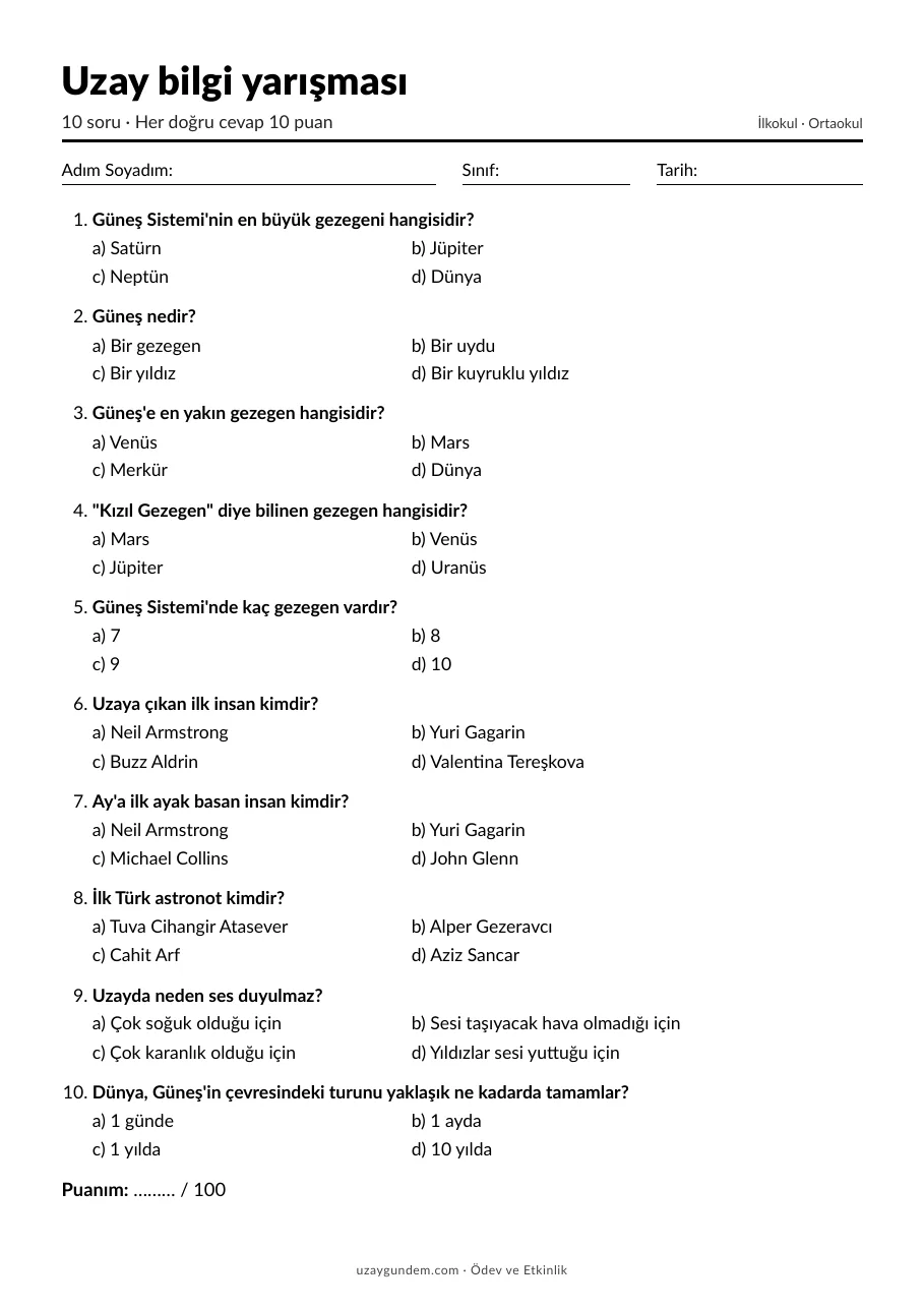Uzay bilgi yarışması çalışma kâğıdı (PDF ilk sayfa önizlemesi)