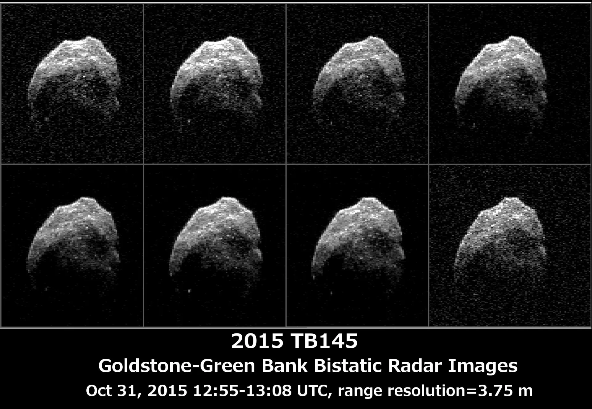 2015 TB145'in 31 Ekim 2015'te Goldstone'daki 70 metrelik anten ve Green Bank Teleskobu ile alınan sekiz radar görüntüsü. Piksel başına 4 metre çözünürlükteki bu karelerde asteroidin dönüşü izleniyor; farklı açılardan kafatası benzerliği kayboluyor.
