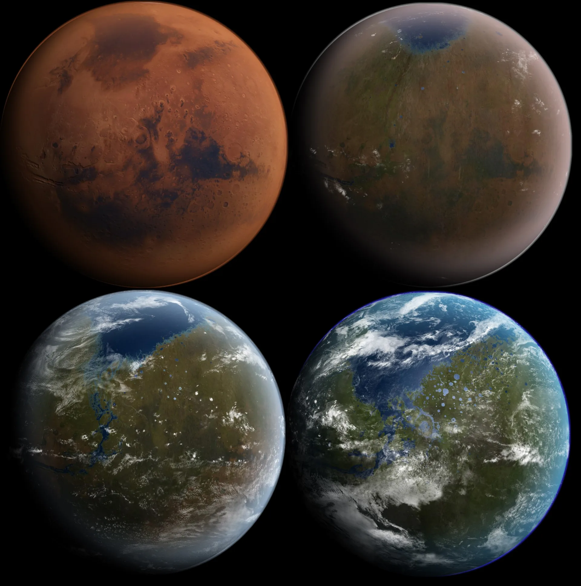 Mars'ın varsayımsal terraforming aşamalarının sanatçı yorumu: bugünkü kuru gezegenden, atmosferi ve okyanusları olan bir dünyaya.