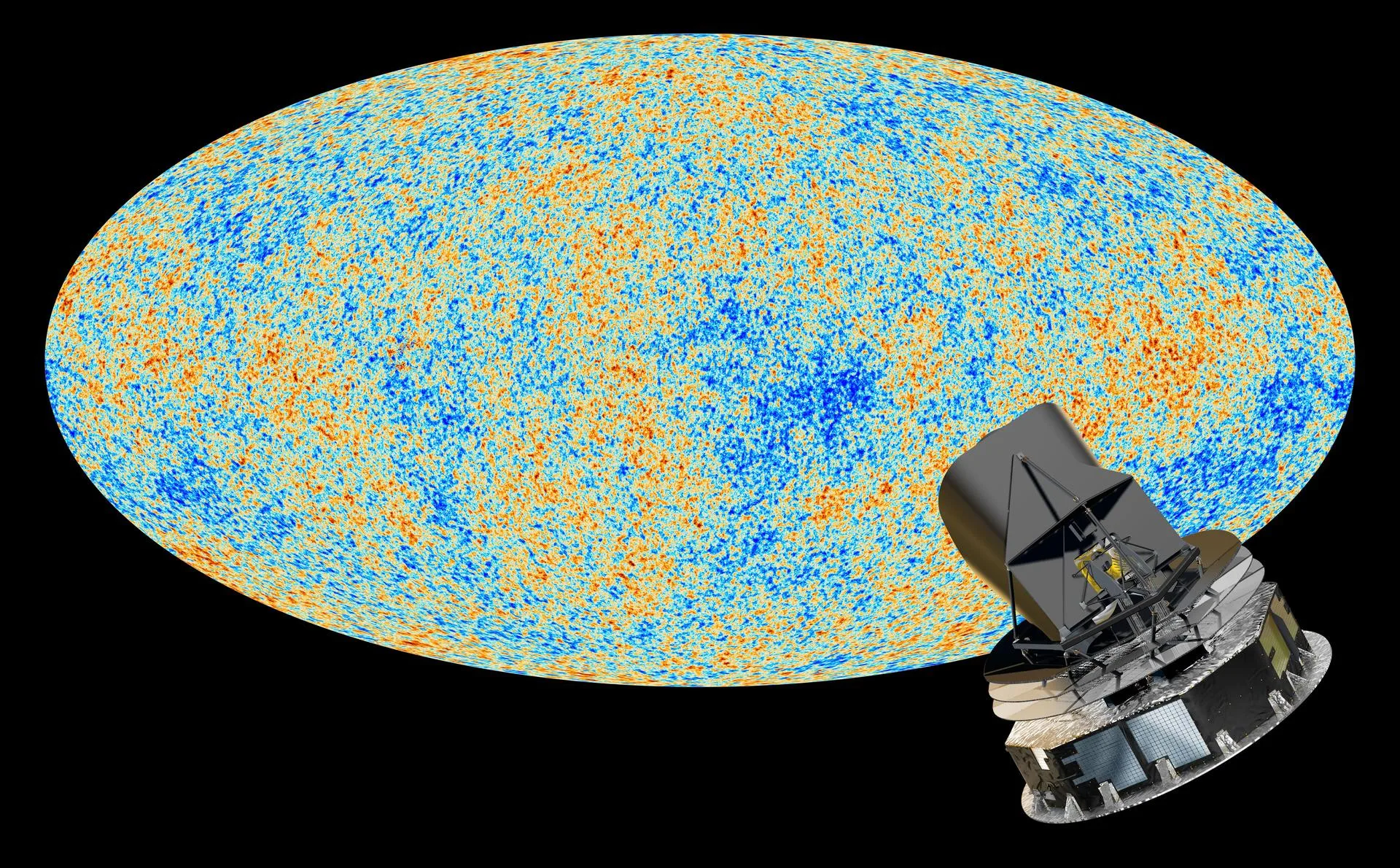 Planck uydusunun ölçtüğü kozmik mikrodalga arka plan ve uydunun sanatçı yorumu. Evrenin geometrisi ve içeriği bu haritadan okunuyor.
