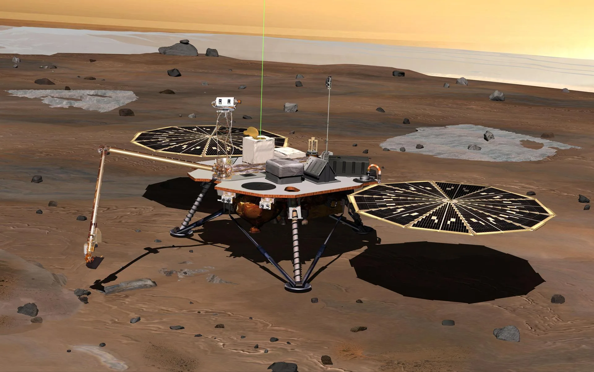 Phoenix iniş aracının Mars'ın kuzey ovalarında çalışırken canlandırıldığı çizim. Araç robot koluyla topladığı toprağı, üzerindeki küçük laboratuvarda suyla karıştırıp tuzlarını ölçtü.
